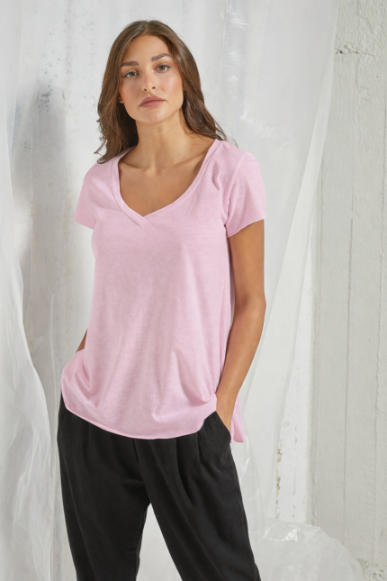 Μπλούζα με κοντό μανίκι V oversized Ροζ