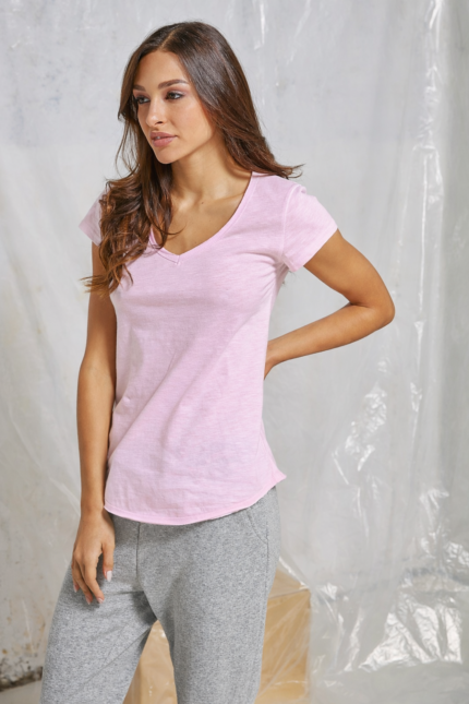 Μπλούζα V μεσάτη με οβάλ τελείωμα κοντομάνικη Ροζ