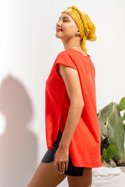 Μπλούζα με κοντό μανίκι V oversized Κόκκινη