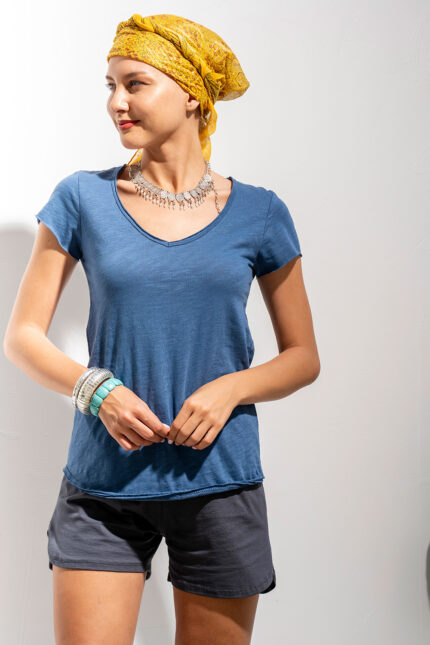 Μπλούζα V μεσάτη με οβάλ τελείωμα κοντομάνικη Μπλε