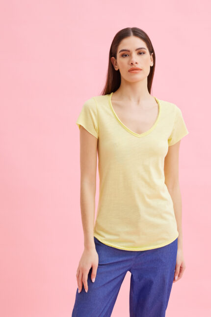 Μπλούζα V μεσάτη με οβάλ τελείωμα κοντομάνικη Κίτρινη