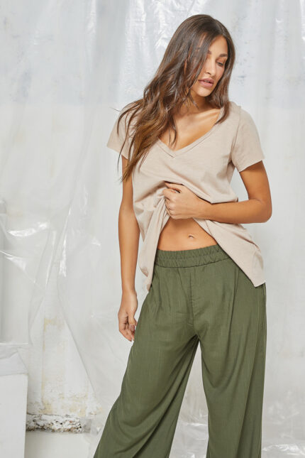 Μπλούζα με κοντό μανίκι V oversized Μπεζ