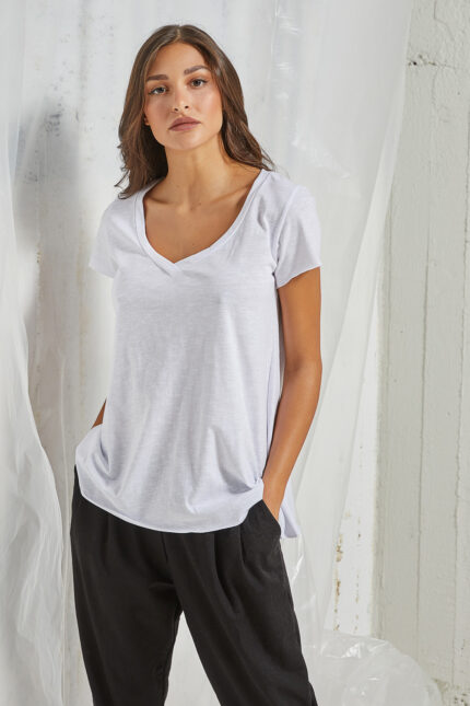 Μπλούζα με κοντό μανίκι V oversized Λευκή