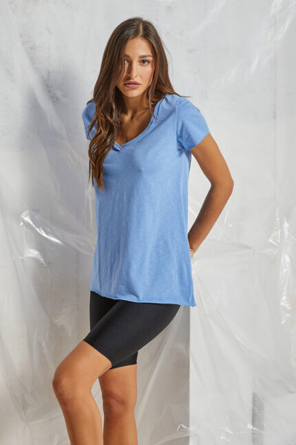 Μπλούζα με κοντό μανίκι V oversized Μπλε