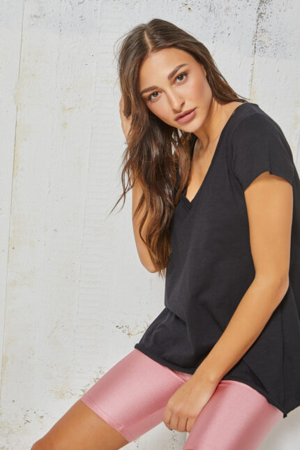 Μπλούζα με κοντό μανίκι V oversized Μαύρο